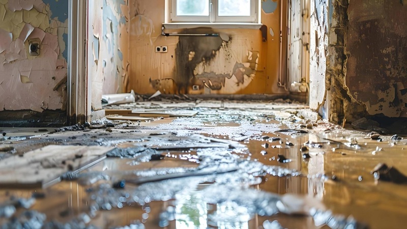 Severe indoor water damage, including standing water, damaged walls, and flooded flooring, necessitates immediate water restoration services.