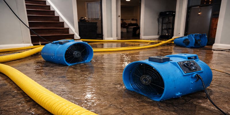 Emergency water damage restoration equipment set up to dry wet flooring inside a home.